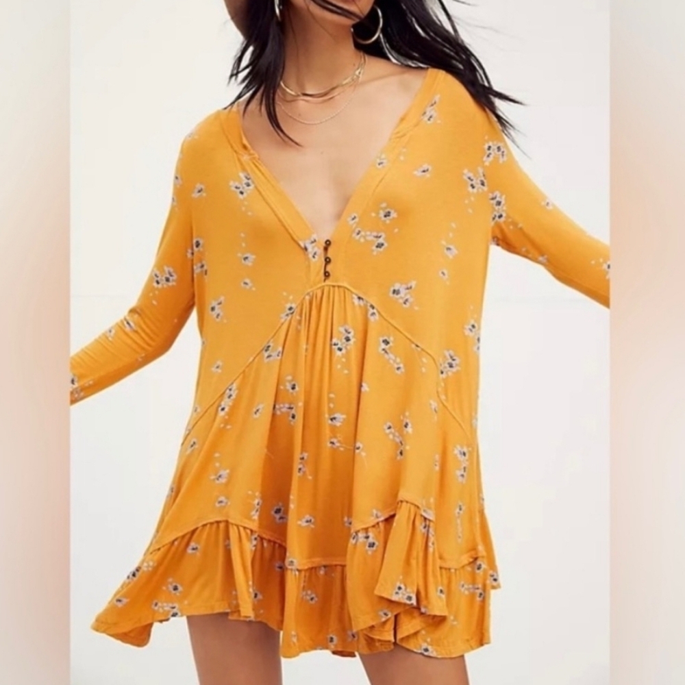 NWOT Free People Olivia Printed Tunic Yellow Buttery-Soft Size Meduim